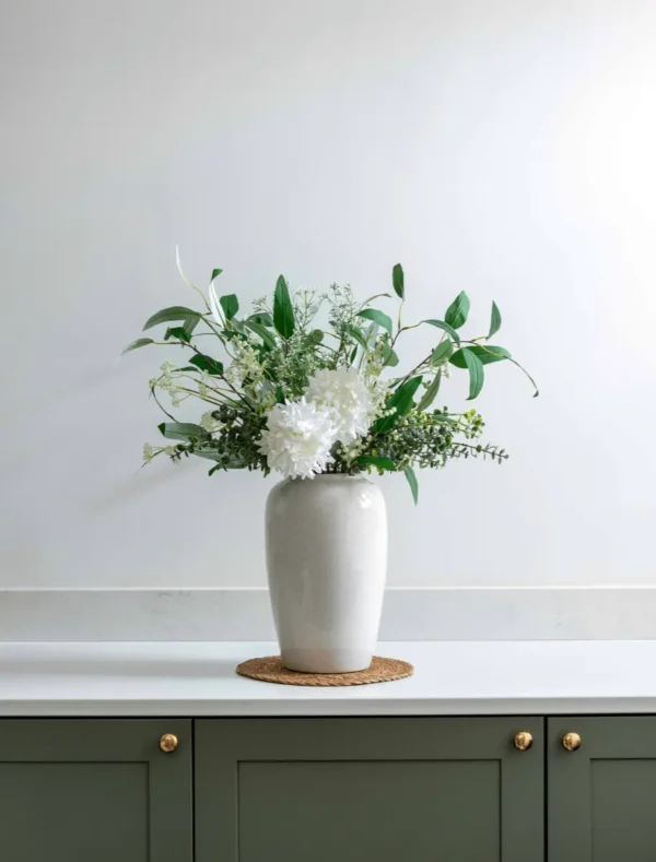 p133_g1 White Dahlia & Green Foliage Faux Arrangement