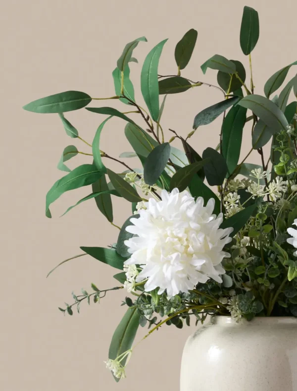p133_g2 White Dahlia & Green Foliage Faux Arrangement