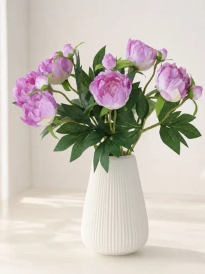 Main Product Image - Minimal Ceramic Vase (1) Premium Real-Touch Peony Bush - 18” Faux Silk Peonies for Home Decor