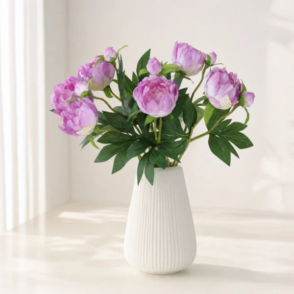Main Product Image - Minimal Ceramic Vase (1) Premium Real-Touch Peony Bush - 18” Faux Silk Peonies for Home Decor